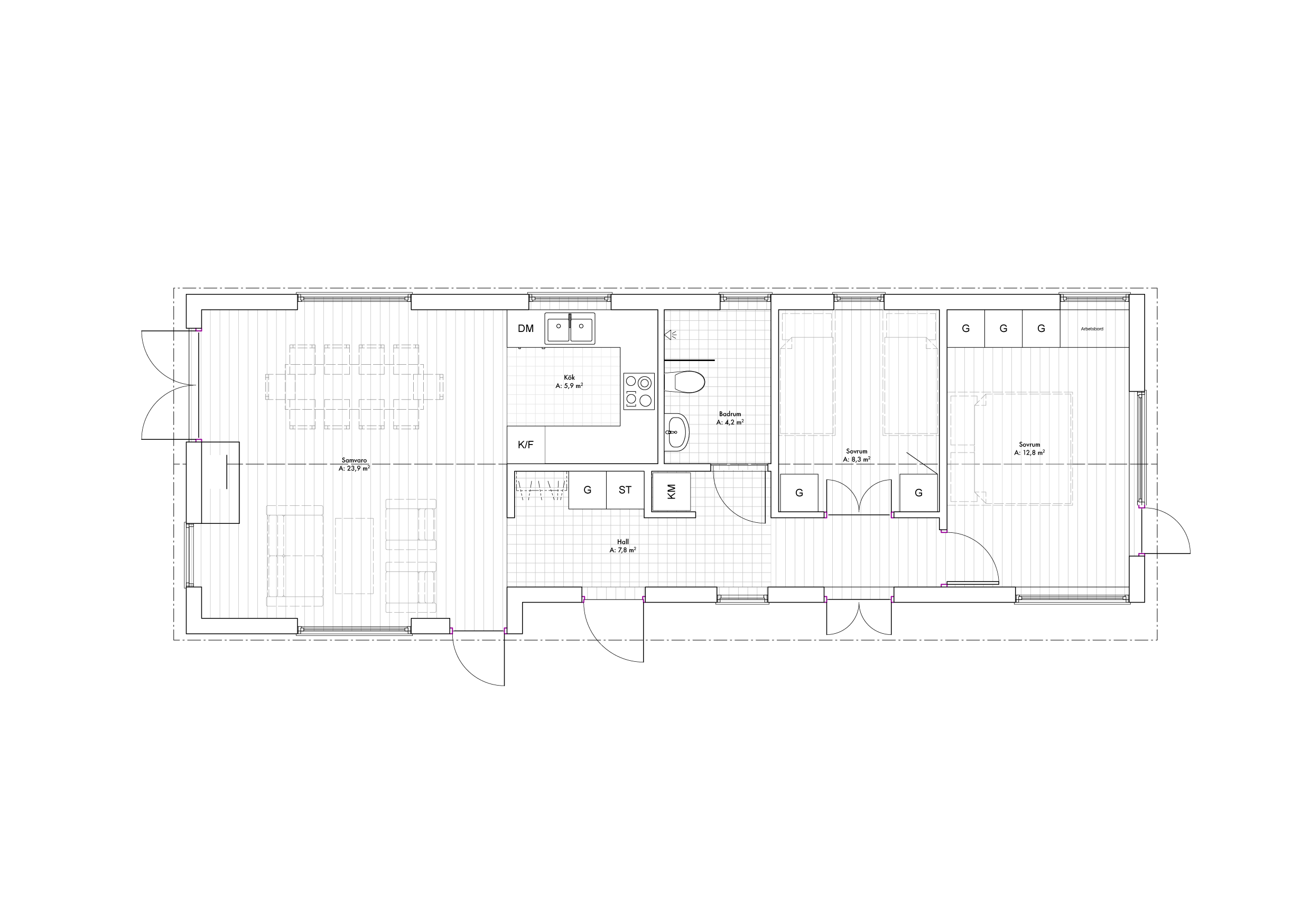 Planritning för Villa Wendborg – fritidshus på Gotland med två sovrum, vardagsrum med eldstad, kök och sociala ytor.