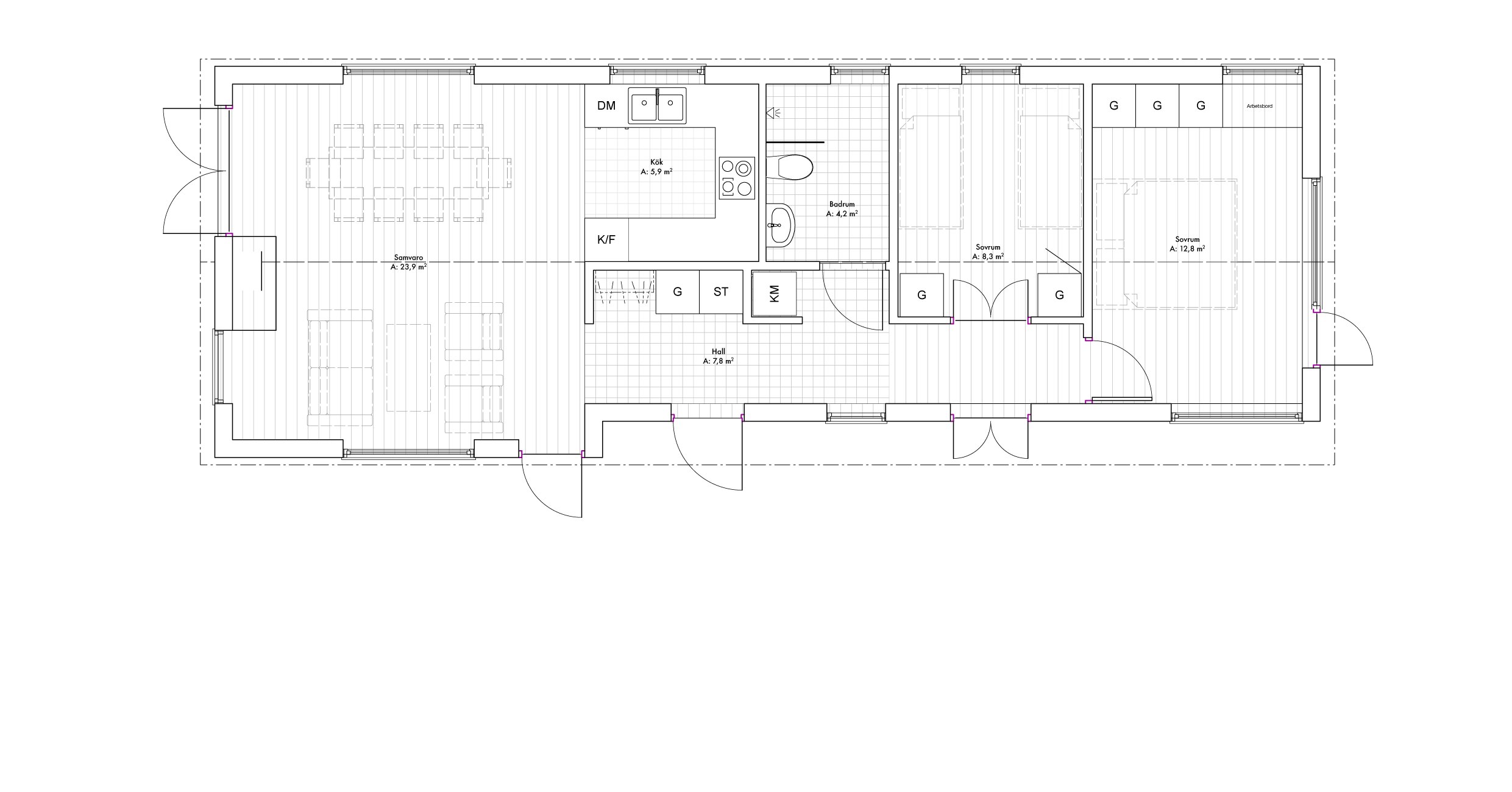 Planritning för Villa Wendborg – fritidshus på Gotland med två sovrum, vardagsrum med eldstad, kök och sociala ytor.