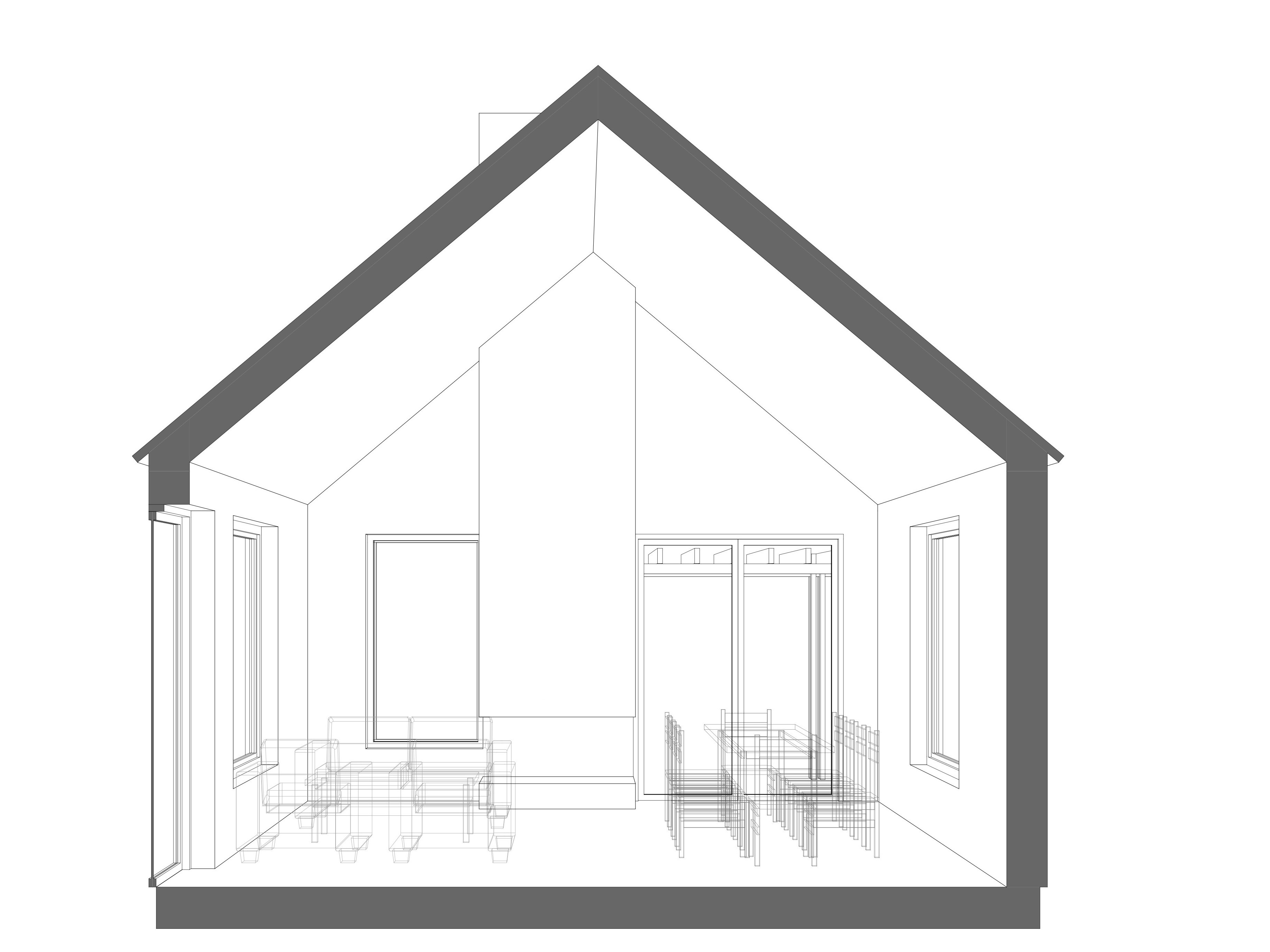 Sektion av Villa Wendborg – arkitektritat fritidshus med öppet tak upp till nock och genomtänkt rumslig gestaltning.