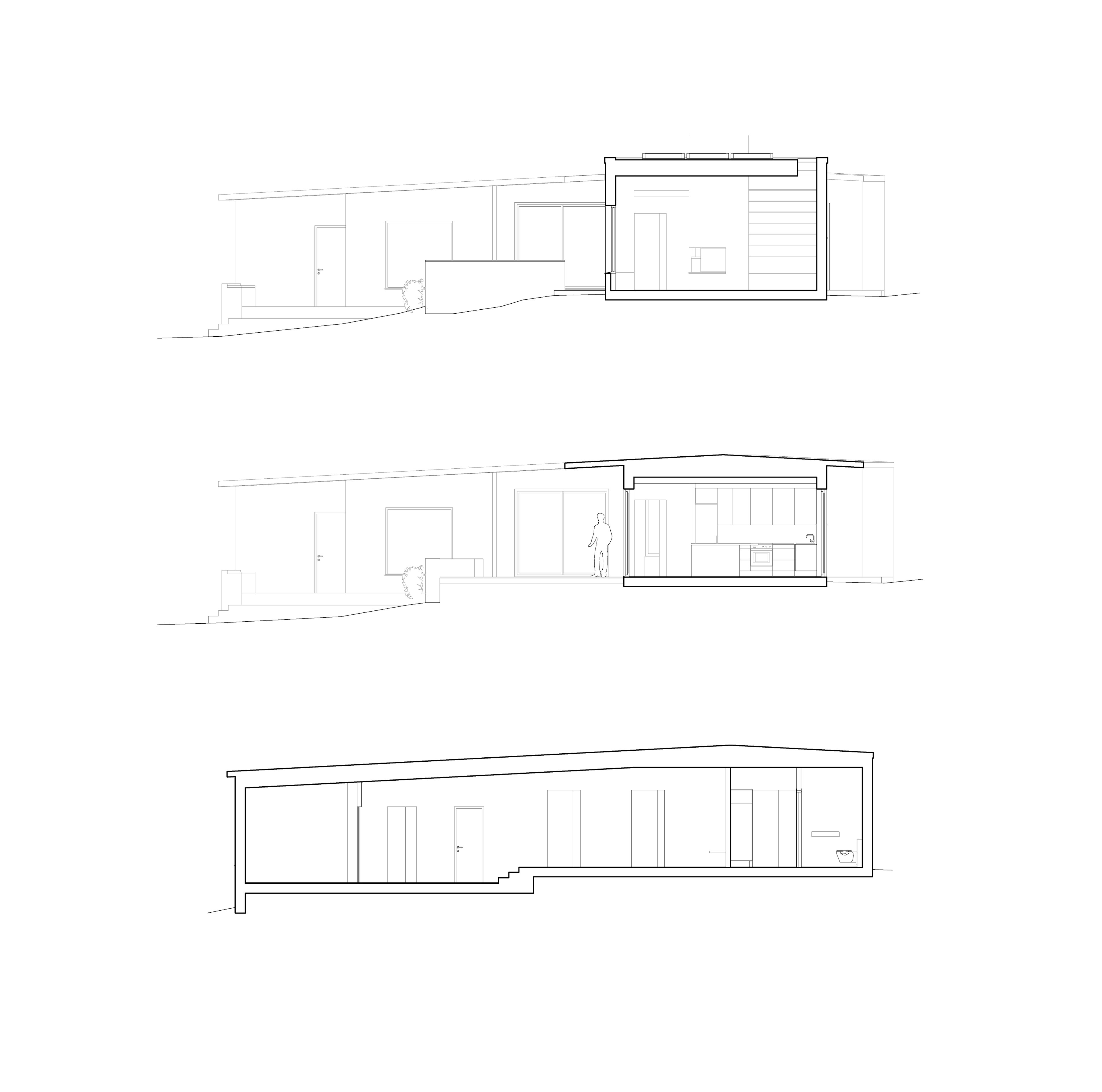Sektion av Villa VE, modernt fritidshus på Yxlö i Stockholms skärgård, som visar husets volymer, nivåskillnader och rumsfördelning.