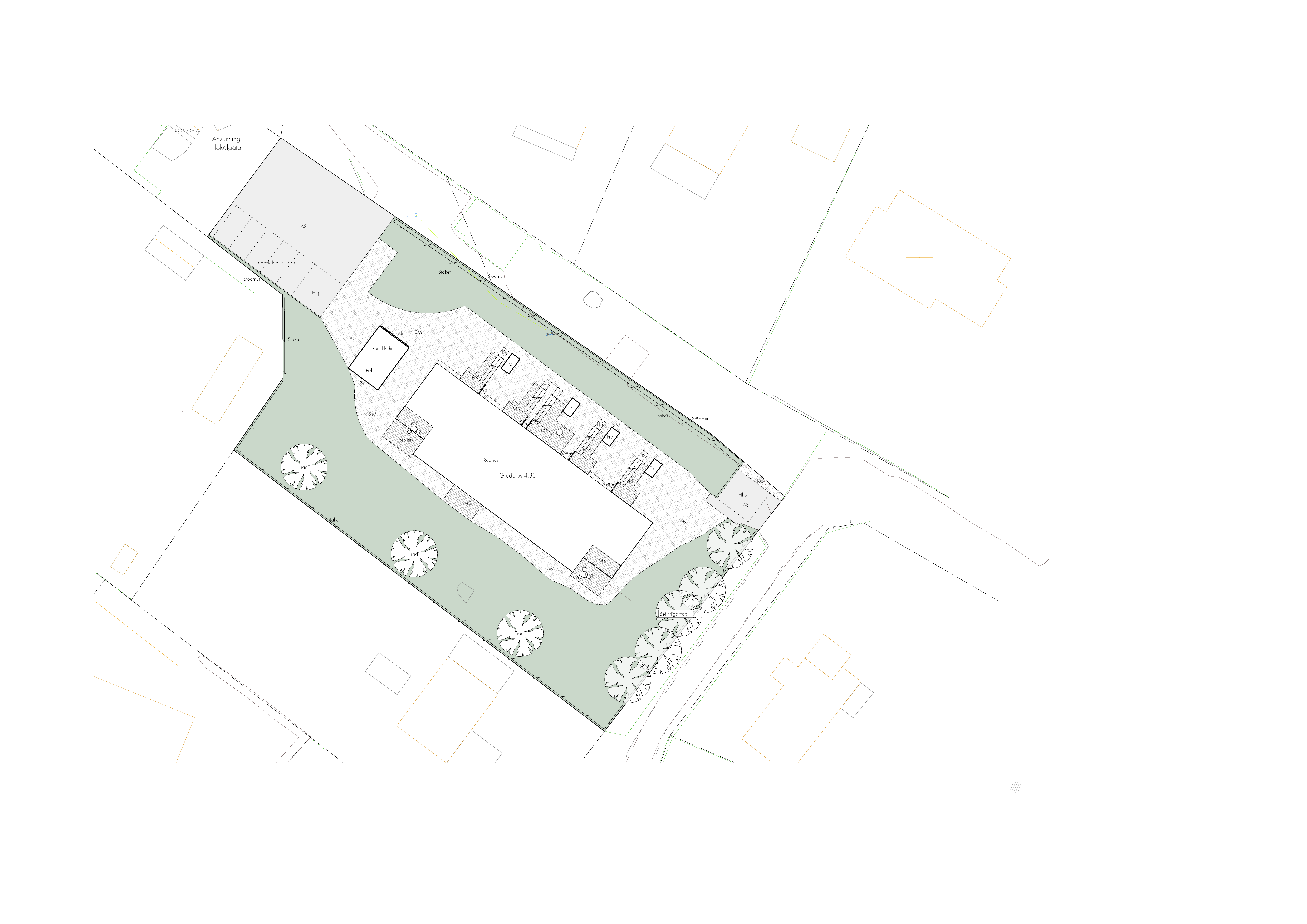 Situationsplan över Gredelby LSS i Knivsta, arkitektkontor visar placering av byggnad och utemiljö.