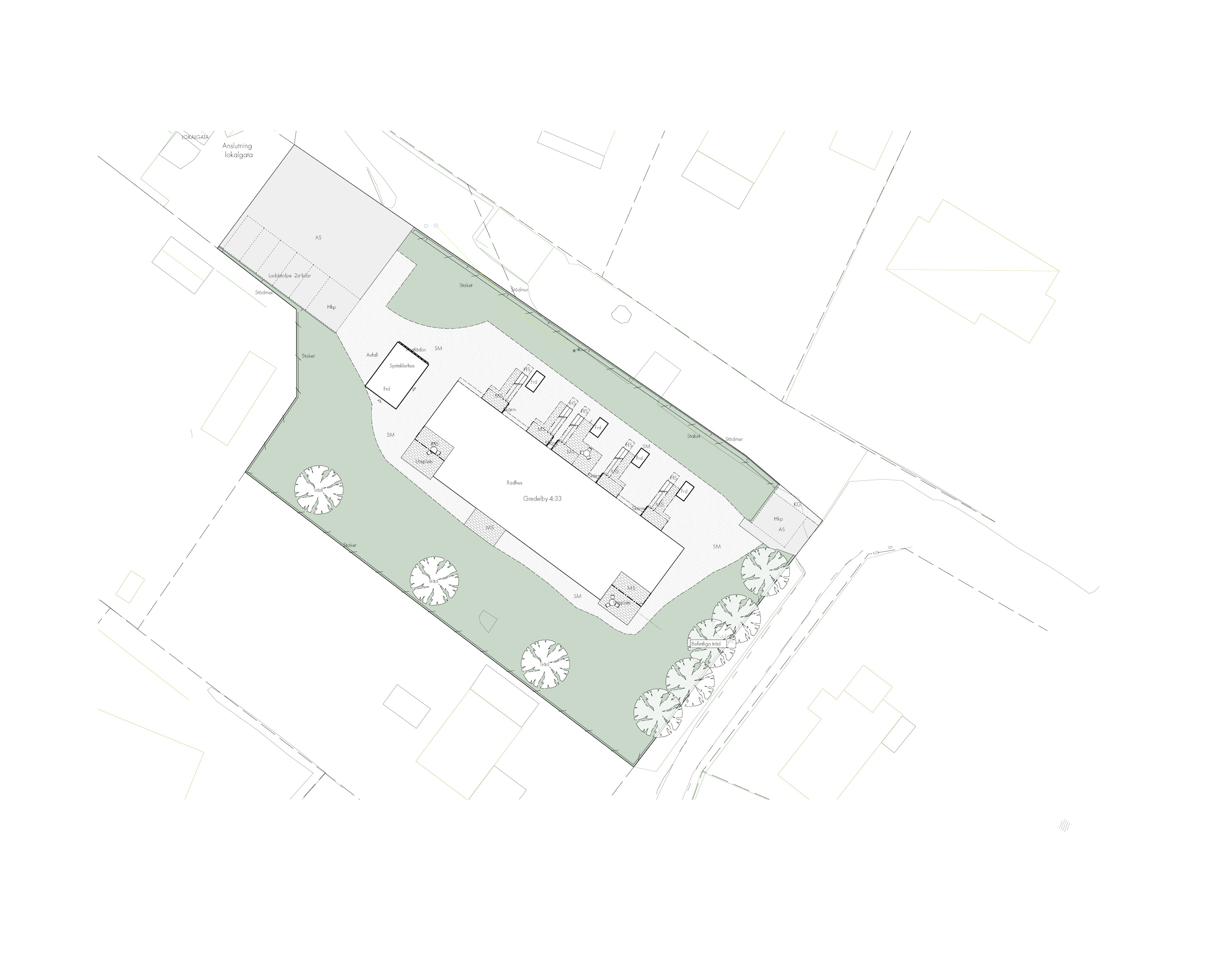 Situationsplan över Gredelby LSS i Knivsta, arkitektkontor visar placering av byggnad och utemiljö.