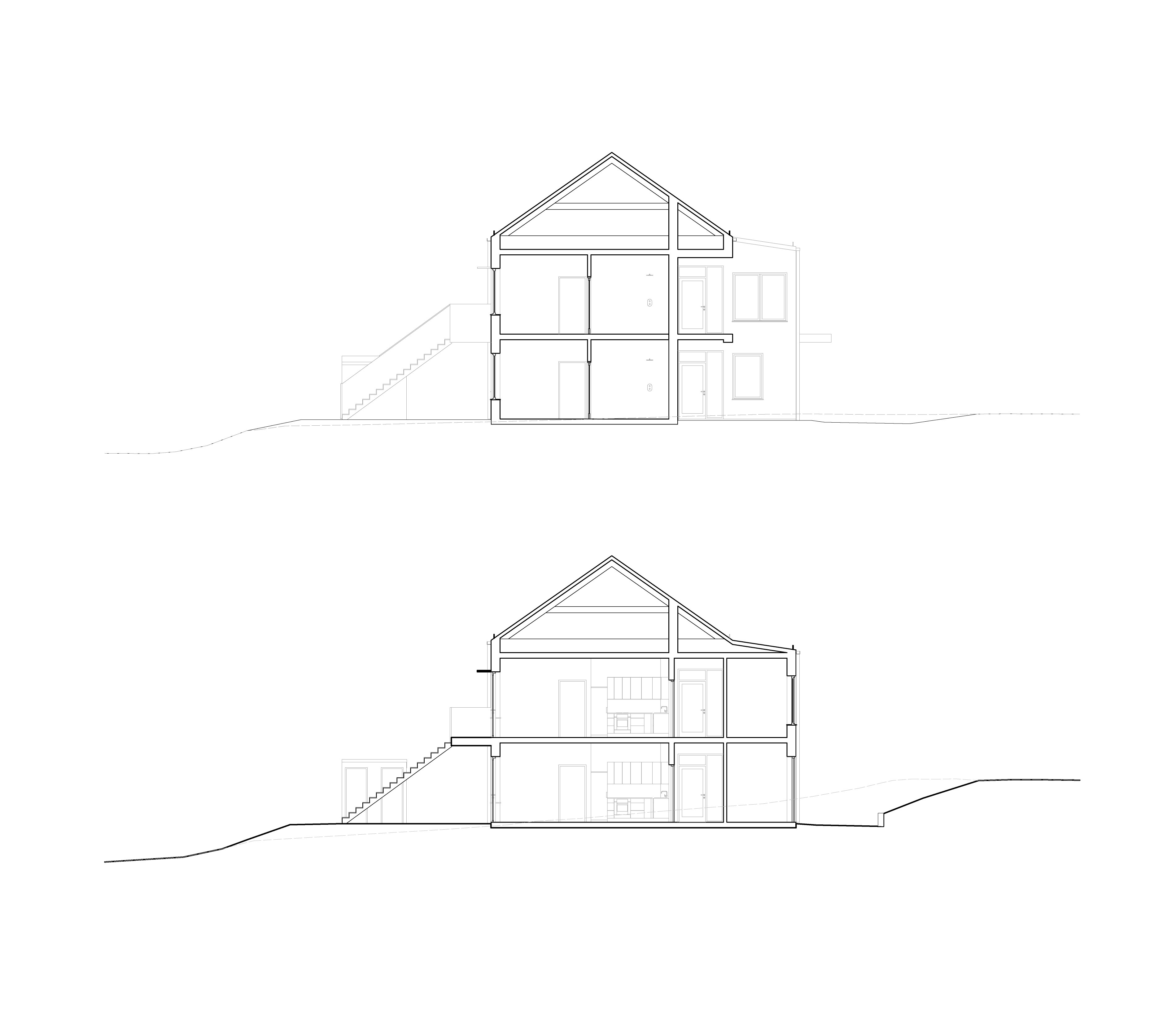 Sektion genom Gredelby LSS, arkitektur som visar två våningar, gemensamhetsytor och bostadslägenheter.