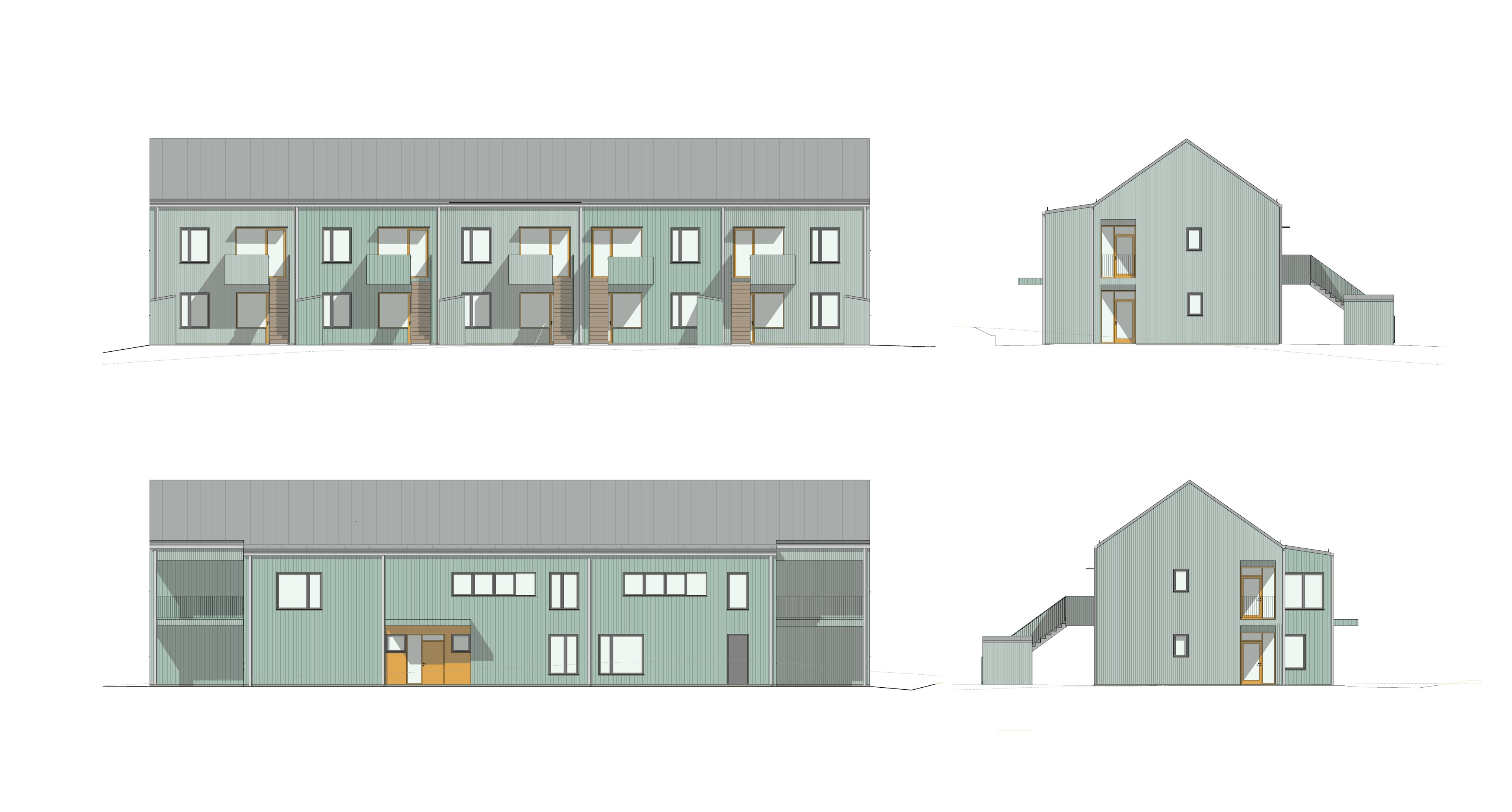 Fasadritning av Gredelby LSS i Knivsta, arkitekt ritat gruppboende med träpanel och sadeltak.