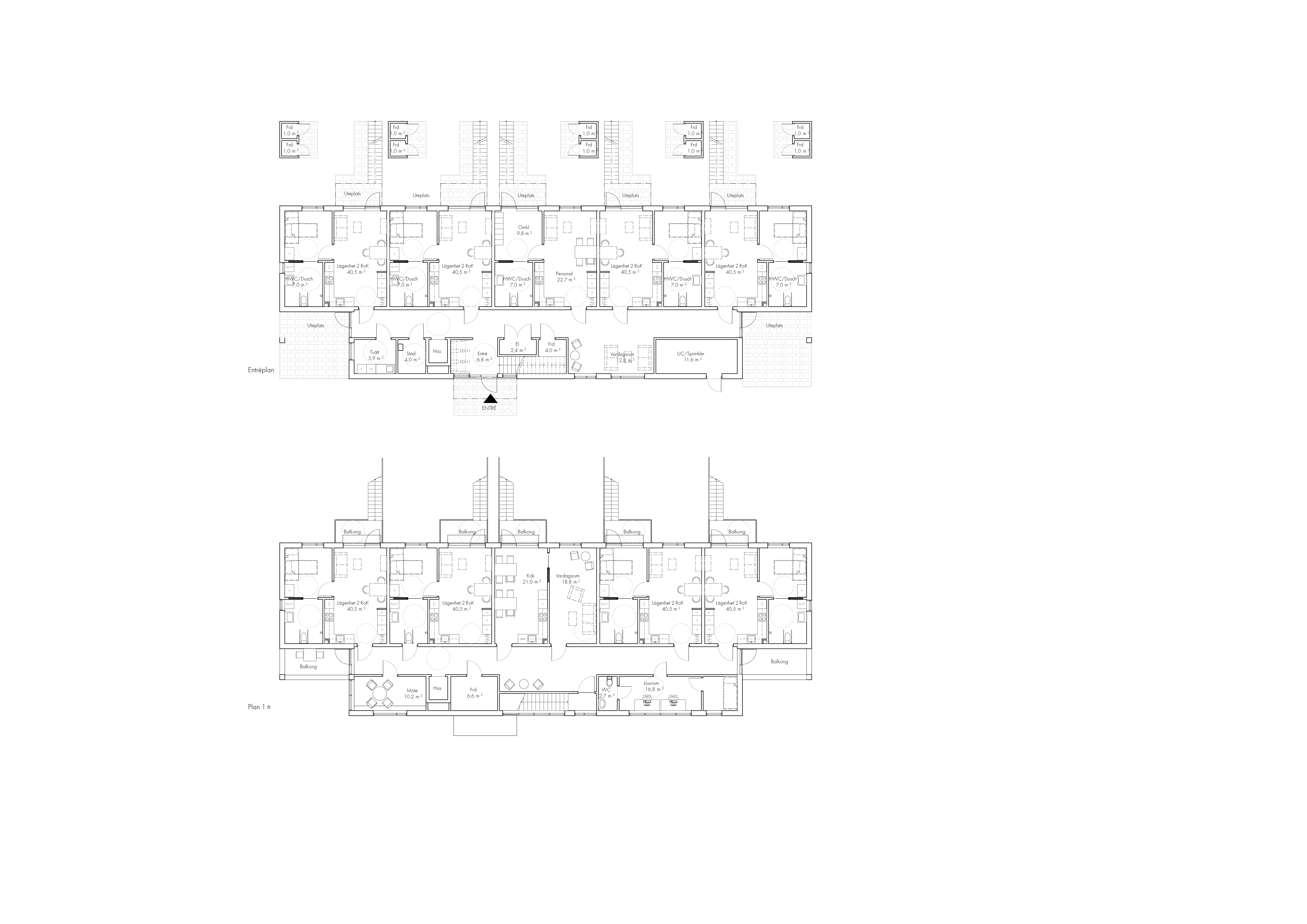 Planritning för Gredelby LSS, arkitektbyrås ritning av LSS-boende med åtta lägenheter och gemensamma ytor.