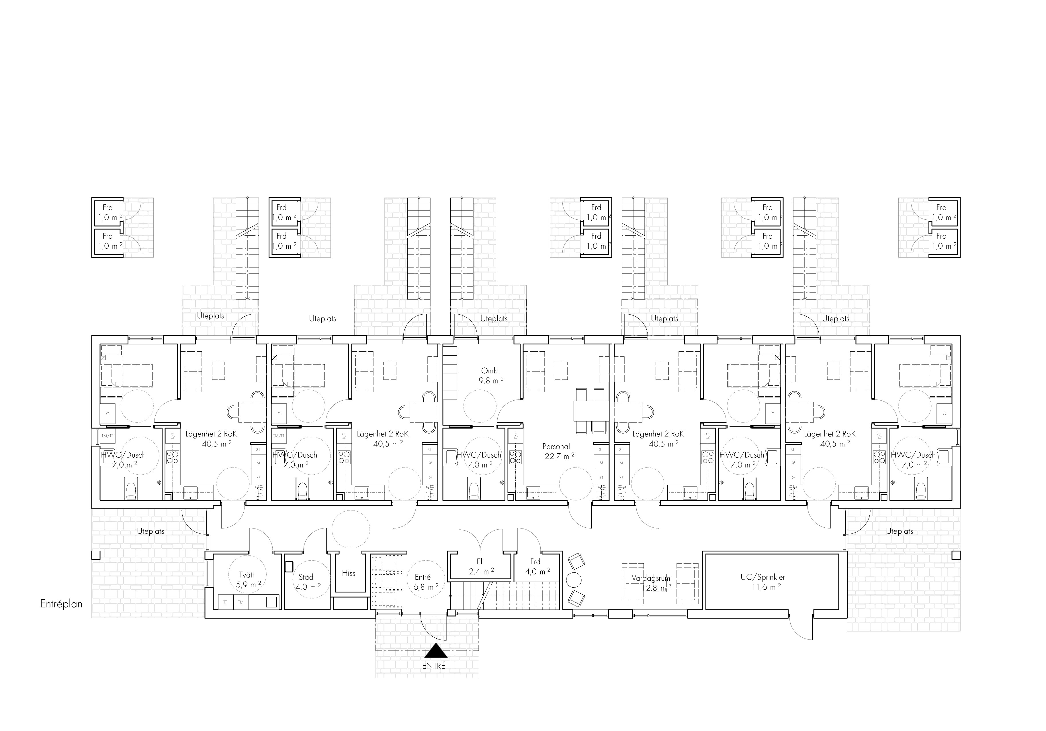Planritning för Gredelby LSS, arkitektbyrås ritning av LSS-boende med åtta lägenheter och gemensamma ytor.
