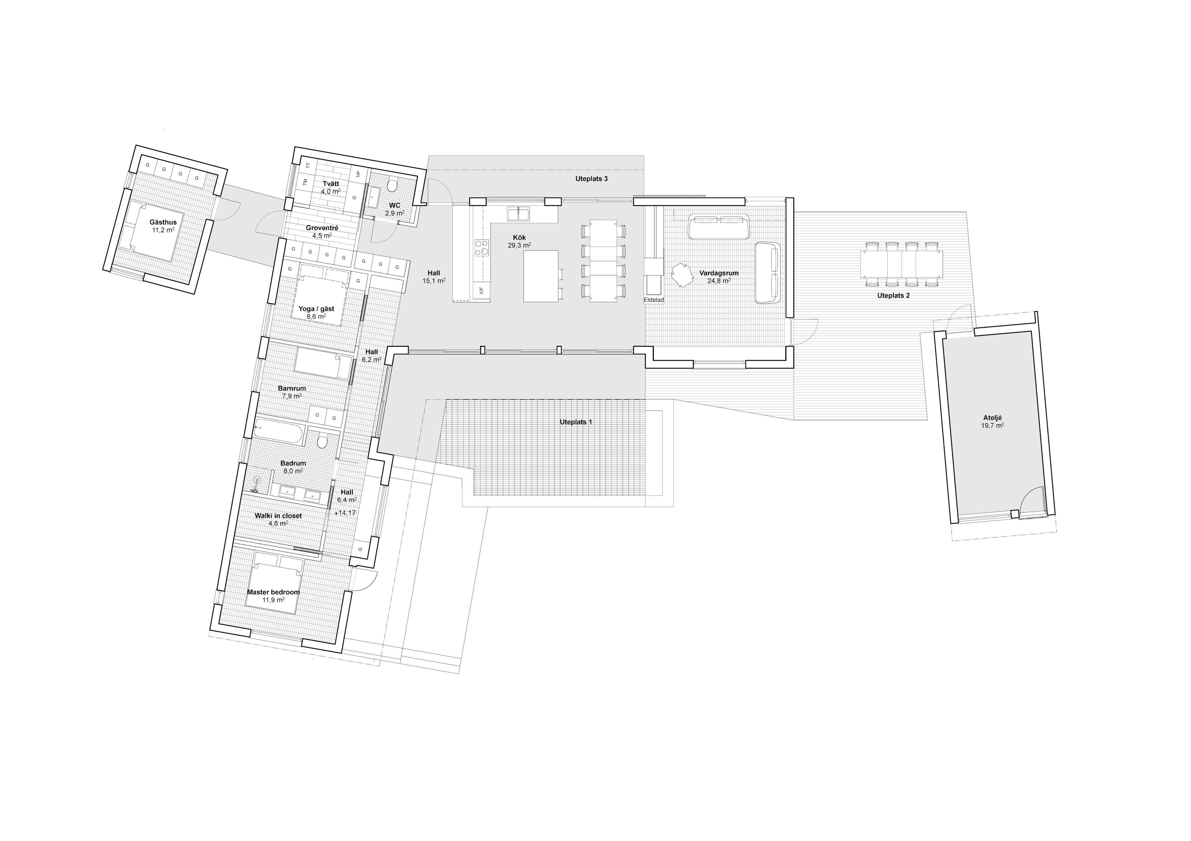 Planritning över Villa VE, arkitektritat fritidshus i Stockholms skärgård med tydliga volymer, nivåskillnader och funktionella ytor.