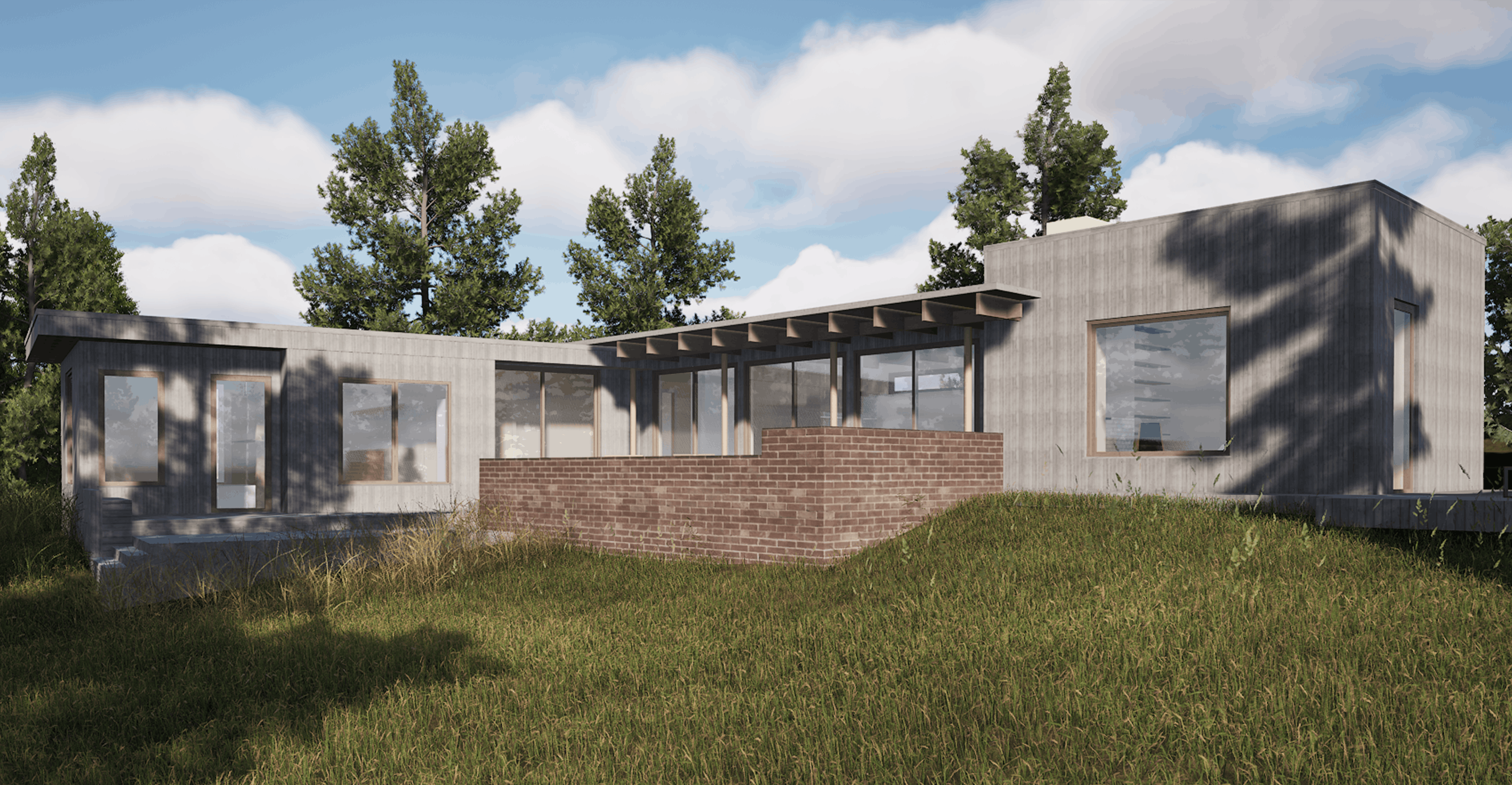 Rendering av Villa VE, arkitektritat fritidshus på Yxlö i Stockholms skärgård, med tre volymer placerade på en sjötomt.