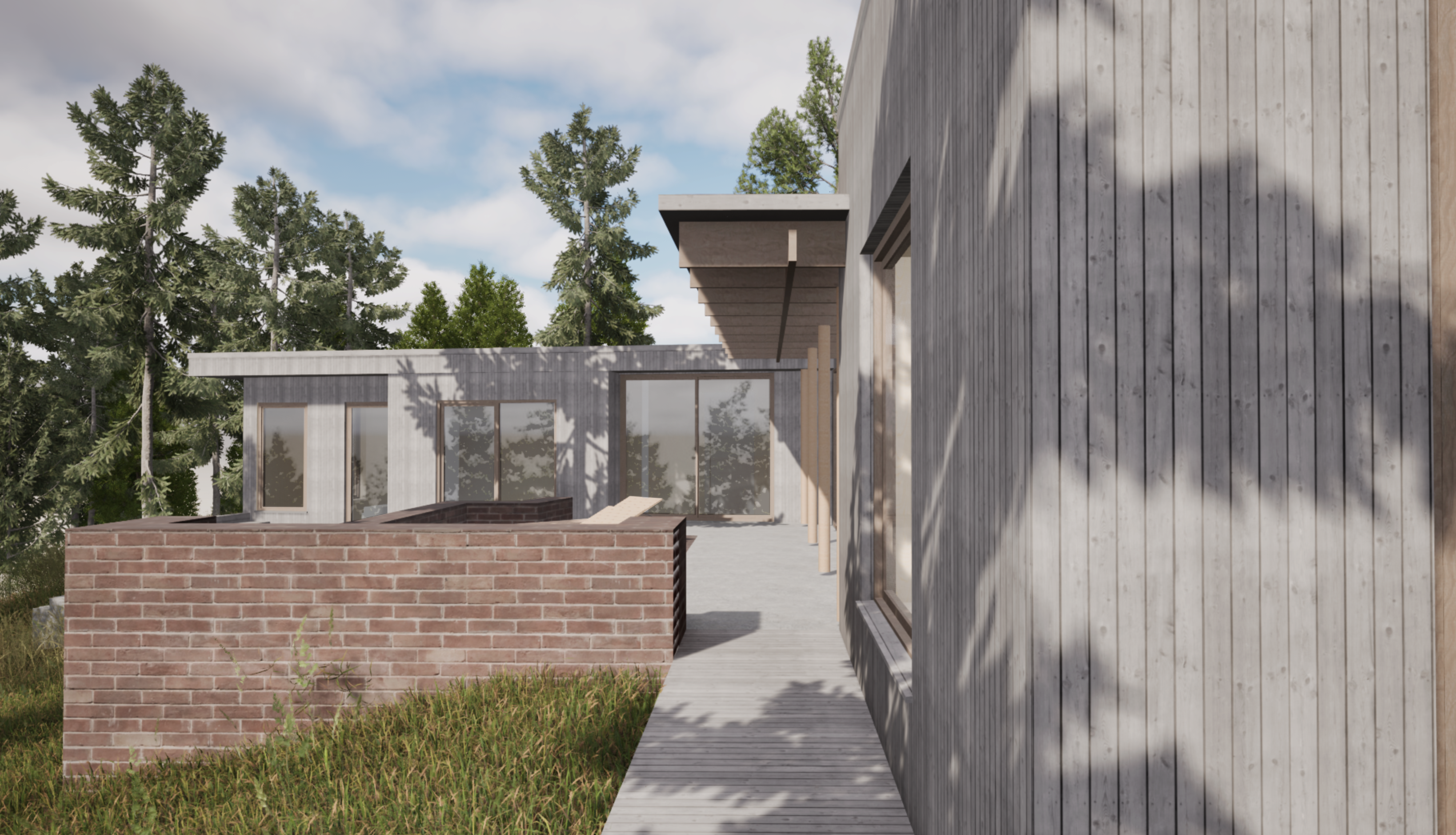 Exteriör rendering av Villa VE på Yxlö, modernt fritidshus med träpanel och terrass som binder samman huvudbyggnad, gästhus och ateljé.