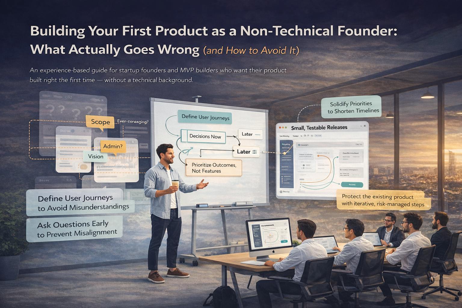 Founder presenting a product idea to a development team in a modern office, with app screens and user flows displayed on a large screen during a planning discussion.