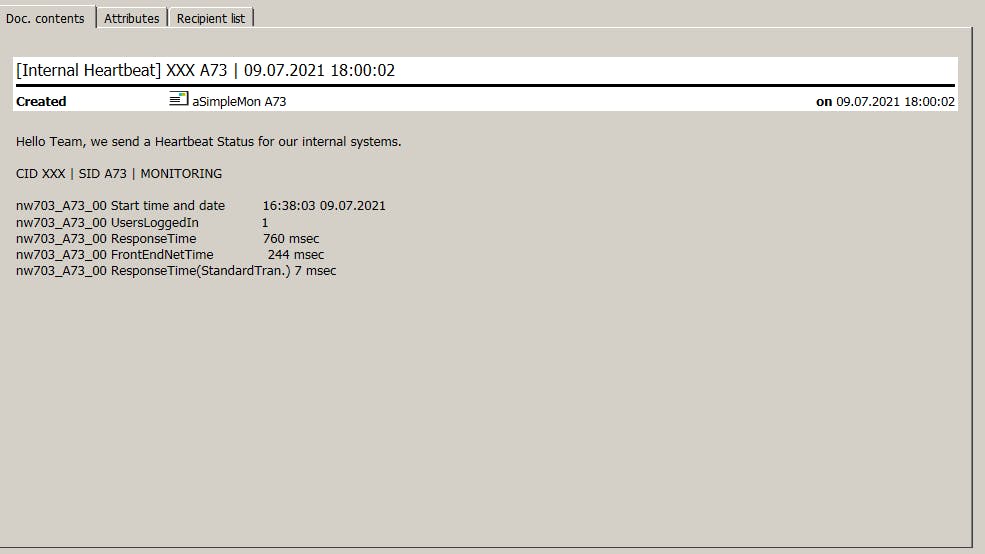 SAP® GUI SAP® OFFICE Heartbeat status mail (text format)