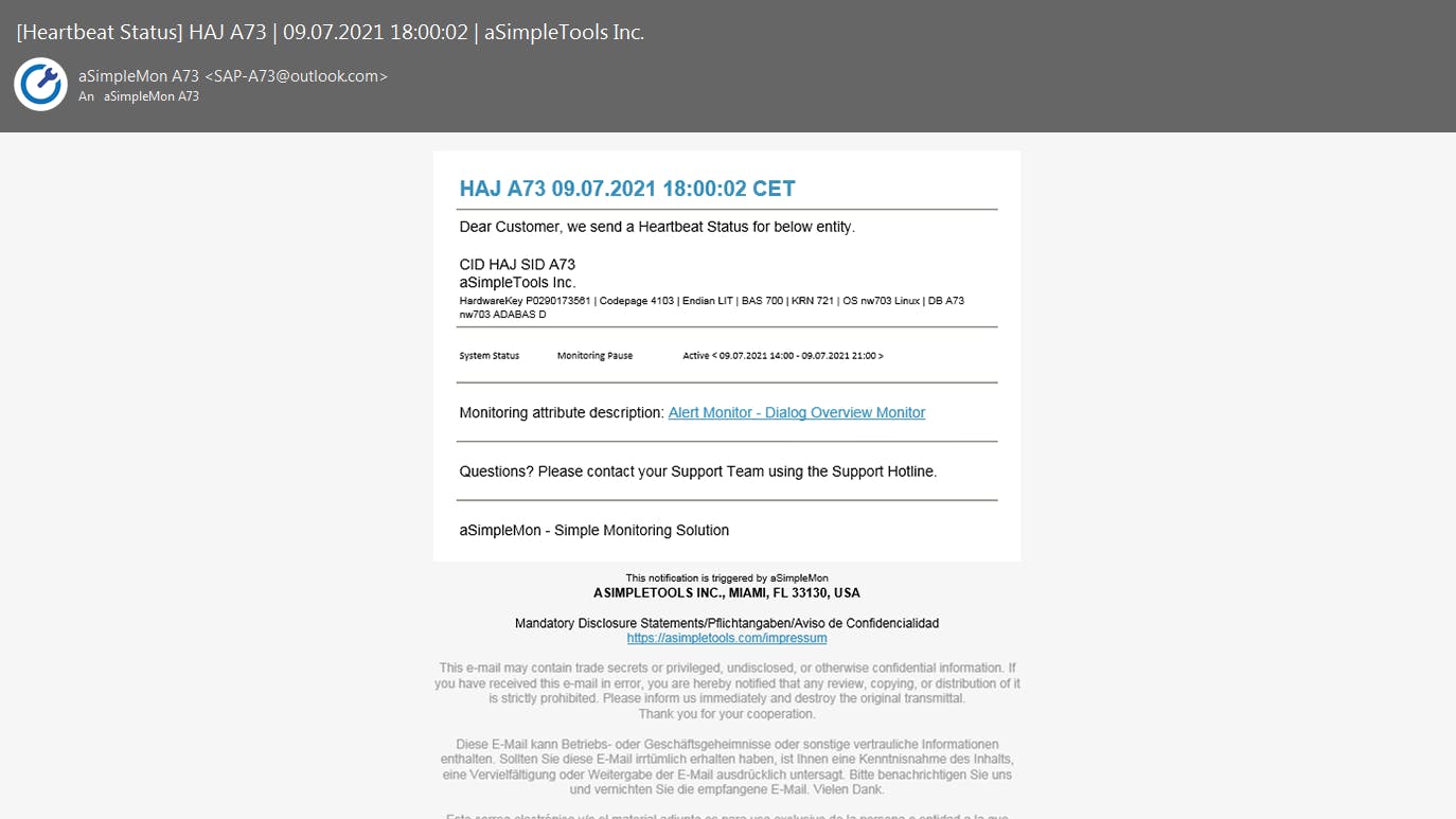 Outlook Heartbeat status mail (HTML format)