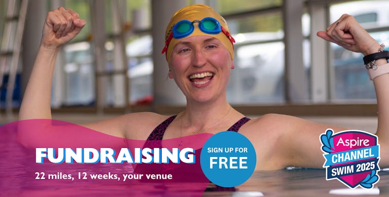 Channel swim banner: sign up for free, 22 miles, 12 weeks, your venue