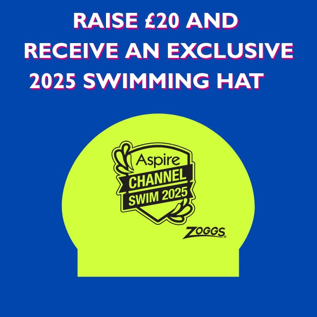 Image of yellow swimming hat with Aspire Channel Swim 2025 logo