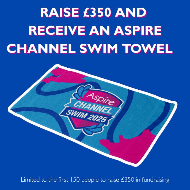 Image of a towel with 2025 Aspire Channel Swim logo on it
