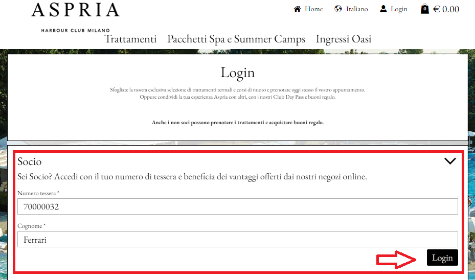2. Inserisci il tuo numero di tessera del Club (8 cifre) e il cognome, clicca su "Login"
