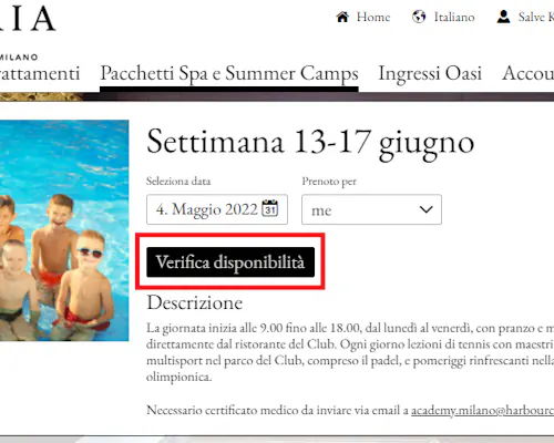 4. Seleziona la settimana di camp preferita e fai clic su "Verifica disponibilità"