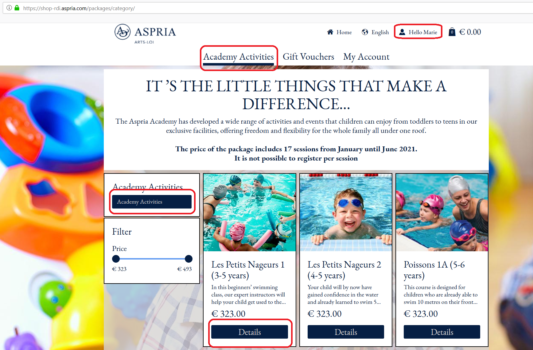 3. SÉLECTIONNEZ LE PRODUIT QUE VOUS DÉSIREZ DANS LE MENU À GAUCHE ET CLIQUEZ SUR « DÉTAILS » POUR L’ACTIVITÉ QUI VOUS INTÉRESSE.