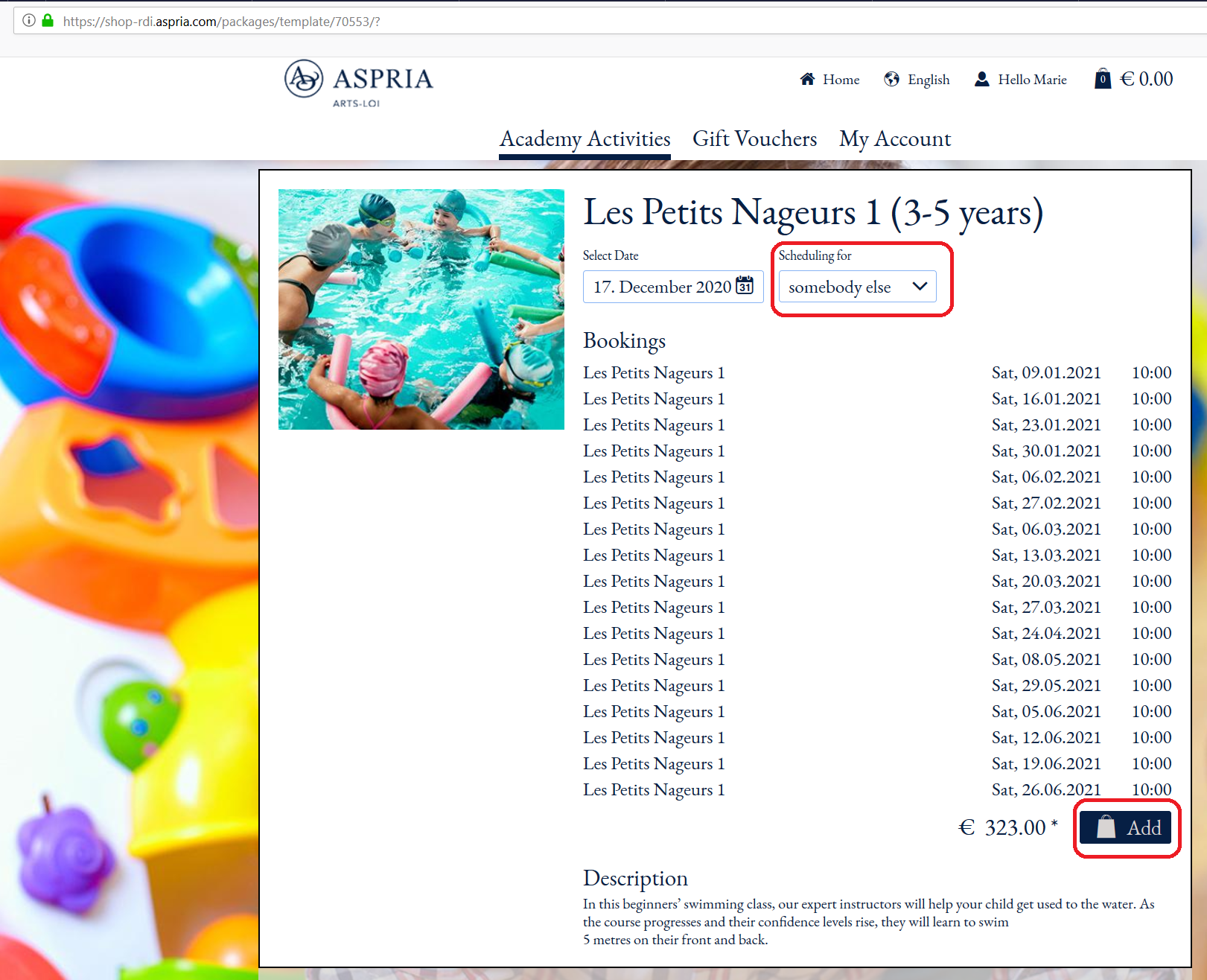 5. SÉLECTIONNEZ « UN TIERS » DANS LE MENU DÉROULANT À CÔTÉ DE LA DATE DE RÉSERVATION POUR RÉSERVER POUR VOTRE ENFANT. ENSUITE CLIQUEZ SUR « AJOUTER ».