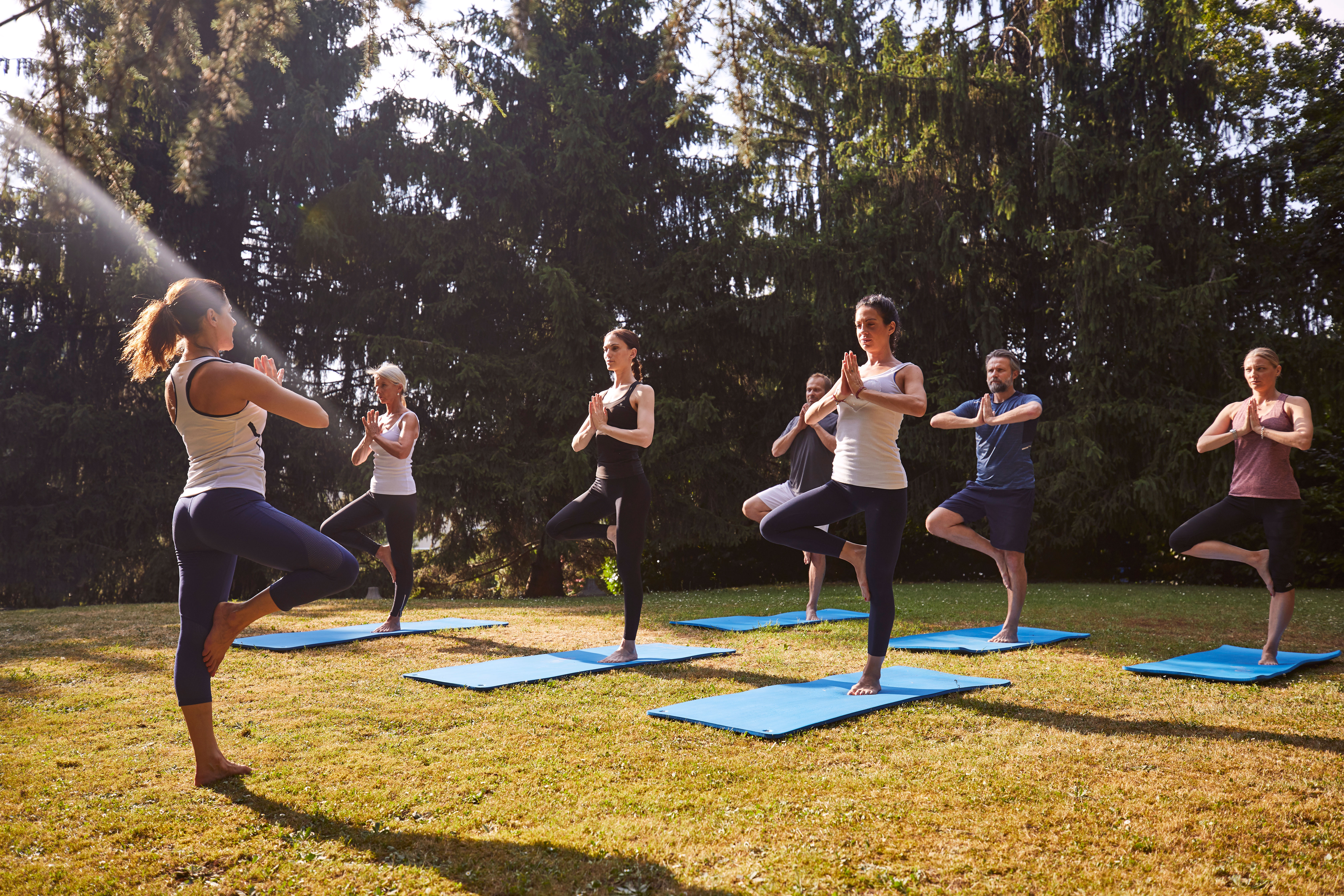 Outdoor Yoga class on the grass in the sun 