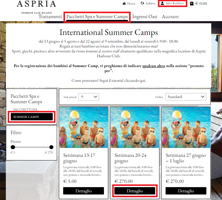 3. Seleziona il pacchetto che desideri dal menu a sinistra e clicca su "Dettagli" per l'attività che ti interessa