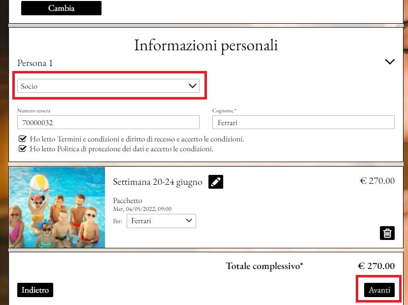 7. Seleziona "Socio" nel menu a tendina. Spunta per confermare la tua accettazione delle nostre Condizioni, Regolamento del Club e Politica sui dati. Fare clic su "Avanti" per procedere al pagamento.