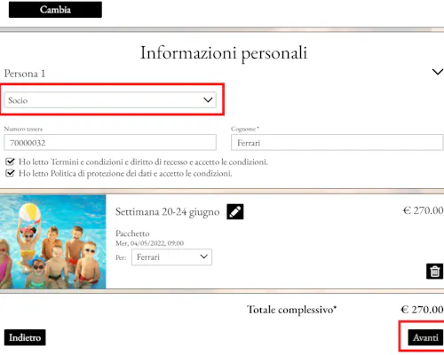 7. Seleziona "Socio" nel menu a tendina. Spunta per confermare la tua accettazione delle nostre Condizioni, Regolamento del Club e Politica sui dati. Fare clic su "Avanti" per procedere al pagamento.