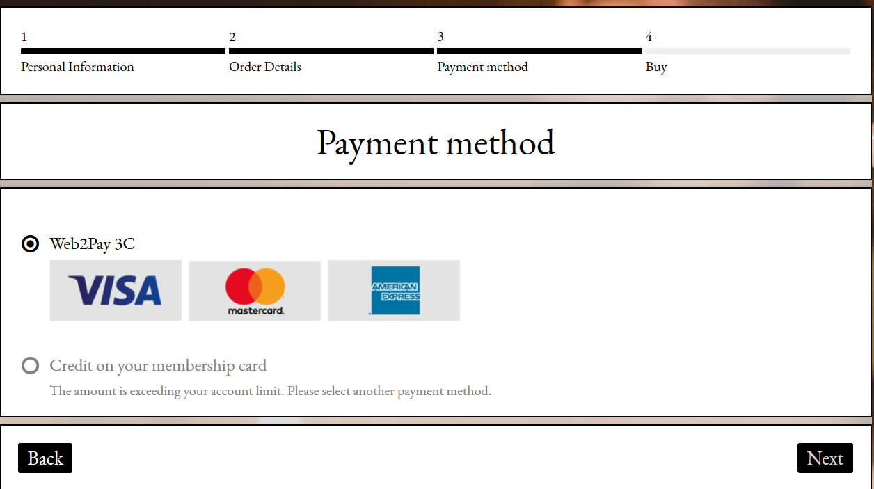 8. CHOISISSEZ VOTRE MOYEN DE PAIEMENT – CARTE DE CRÉDIT OU CRÉDIT DISPONIBLE SUR VOTRE CARTE DE MEMBRE. CLIQUEZ ENSUITE SUR « SUIVANT » POUR CONFIRMER.
