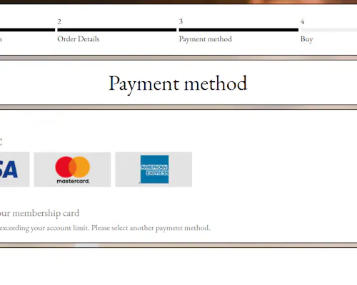 8. CHOISISSEZ VOTRE MOYEN DE PAIEMENT – CARTE DE CRÉDIT OU CRÉDIT DISPONIBLE SUR VOTRE CARTE DE MEMBRE. CLIQUEZ ENSUITE SUR « SUIVANT » POUR CONFIRMER.