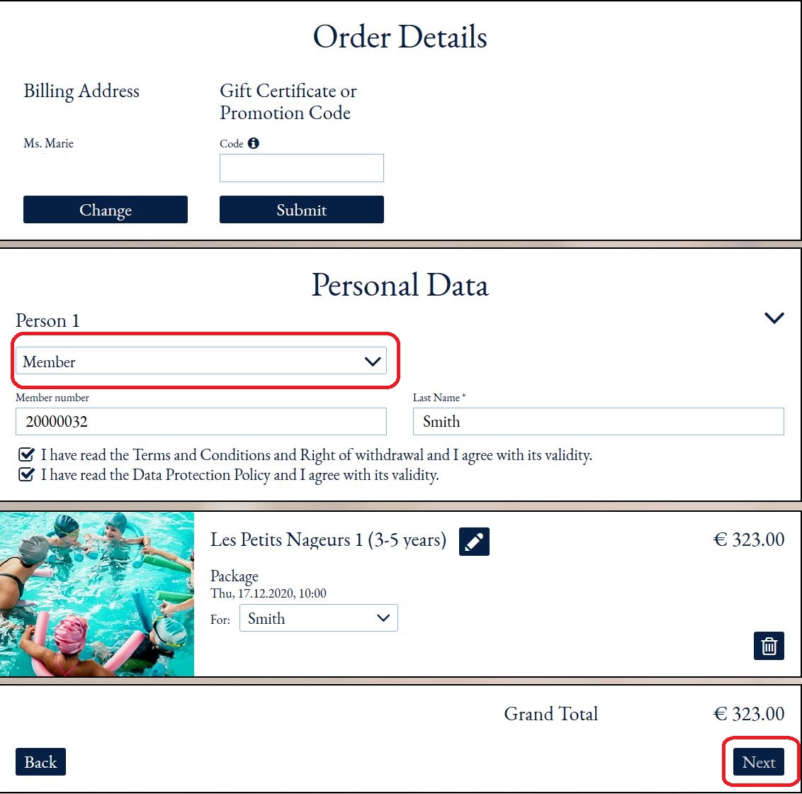 7. SÉLECTIONNEZ « MEMBRE » DANS LE MENU DÉROULANT. COCHEZ LES CASES POUR CONFIRMER VOTRE ACCORD SUR NOS CONDITIONS GÉNÉRALES ET NOTRE POLITIQUE DE PROTECTION DES DONNÉES. CLIQUEZ ENSUITE SUR « SUIVANT » POUR PROCÉDER AU PAIEMENT.
