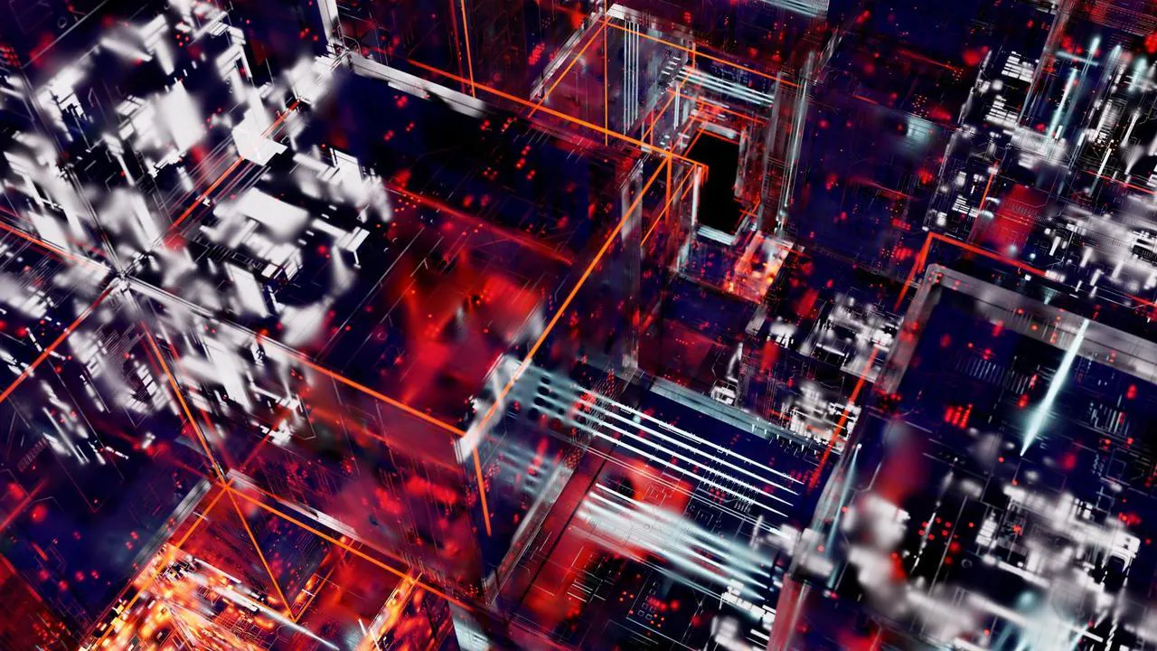 Representação abstrata de algoritmos de inteligência artificial processando dados complexos, com elementos que sugerem imprevisibilidade ou resultados inesperados.
