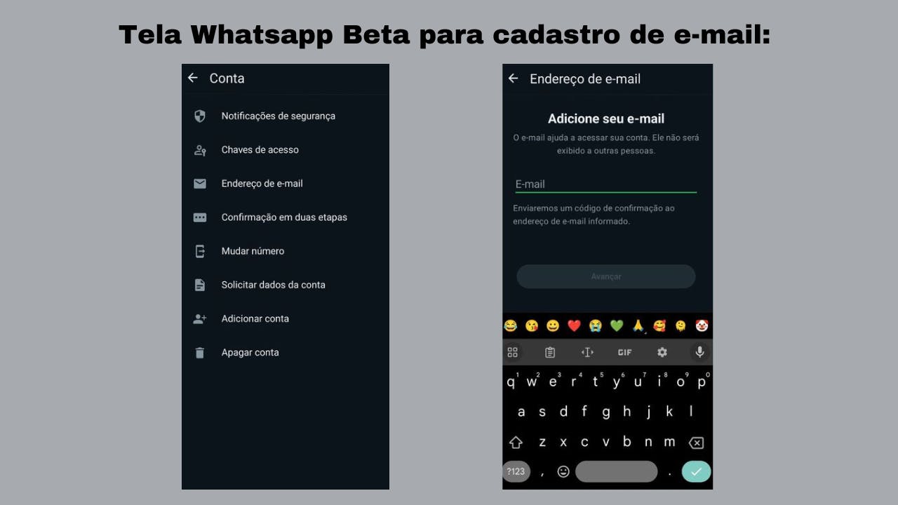 Tela Whatsapp Beta em Android: cadastro de e-mail