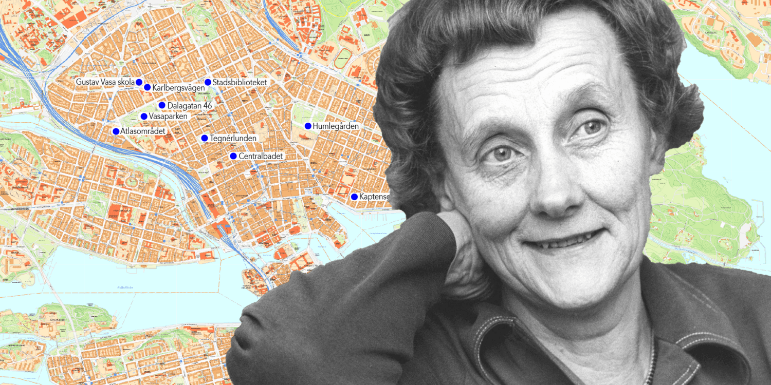Karta över Stockholm med Astrid Lindgren i förgrunden