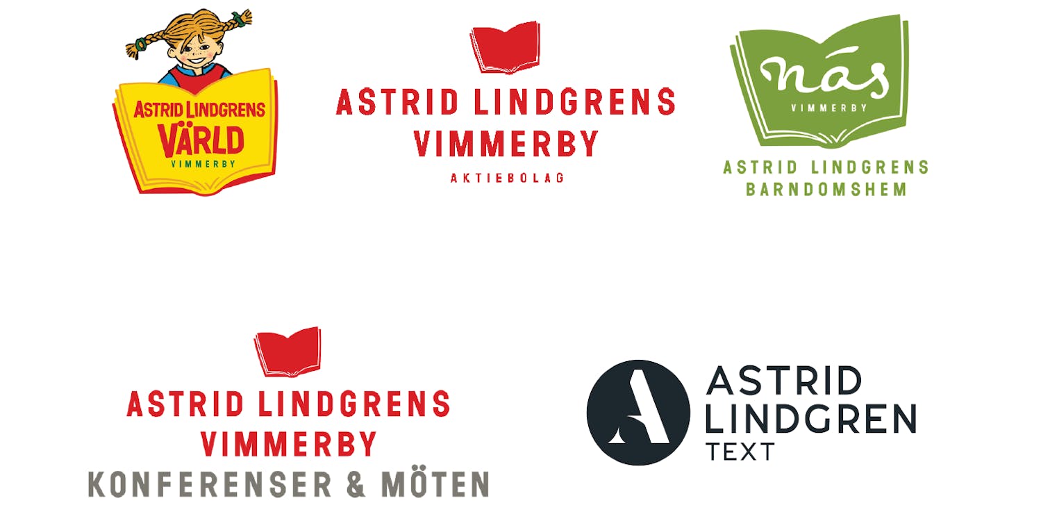Logotyper för Astrid Lindgrens Värld, Astrid Lindgrens Vimmerby, Näs - Astrid Lindgrens barndomshem, Astrid Lindgrens Vimmerby Konferenser & möten, Astrid Lindgren Text, Astrid Lindgren-butiken och Astrid Lindgren Aktiebolag