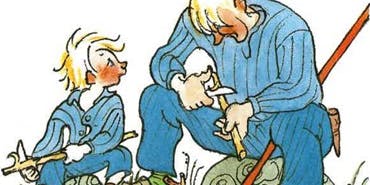 Emil och Alfred täljer, bild ur Emil i Lönneberga