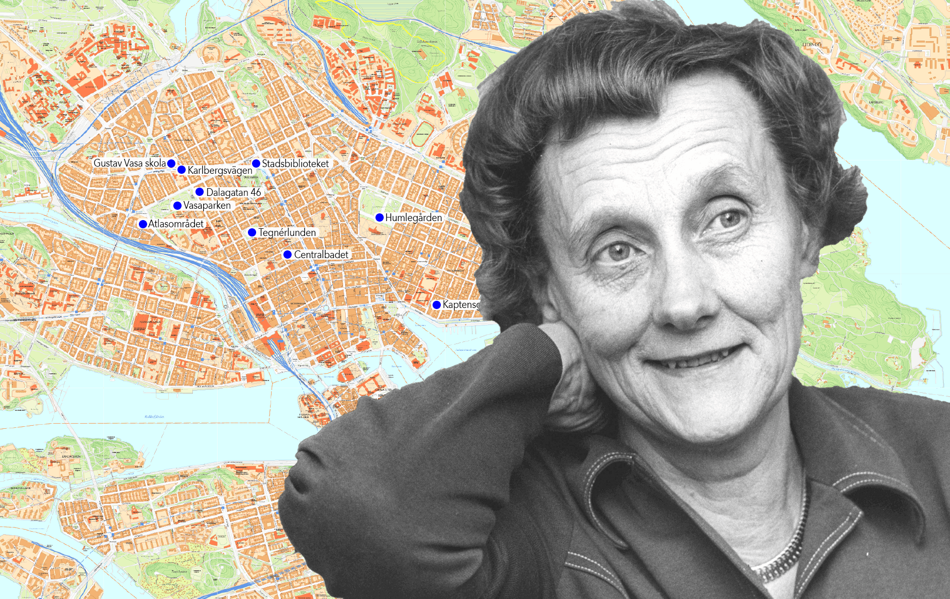 Karta över Stockholm med Astrid Lindgren i förgrunden