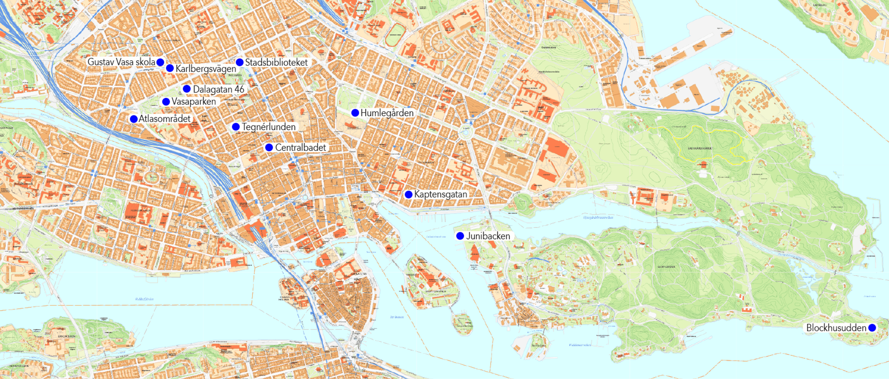 Astrid Lindgrens Stockholm - Karta där platserna i texten är markerade