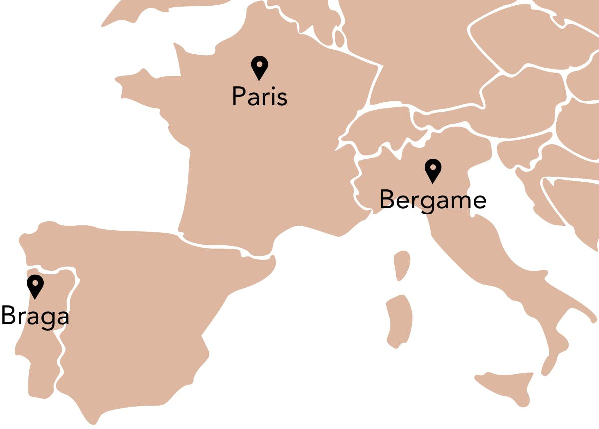 Carte de l'Europe avec la localisation des lieux de production (Paris, Bergame, Braga)