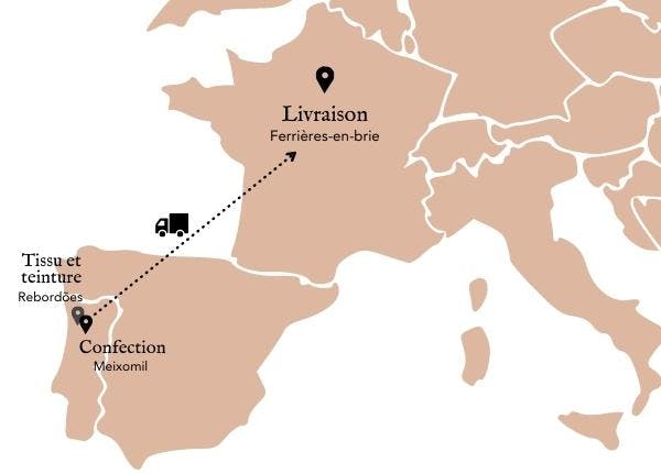 production européenne au portugal carte des founisseurs de notre jupe midi en tencel, confection et tissu provenant de rebordoes et meixomil