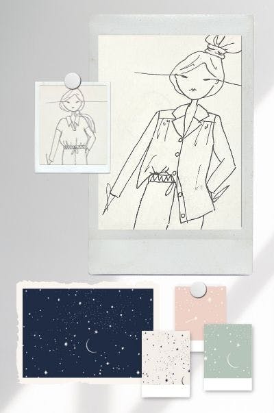 Inspiration pour le pyjama cassiopée éco responsable féminin et ethique tout doux dessin de Violette pour le moodboard création française