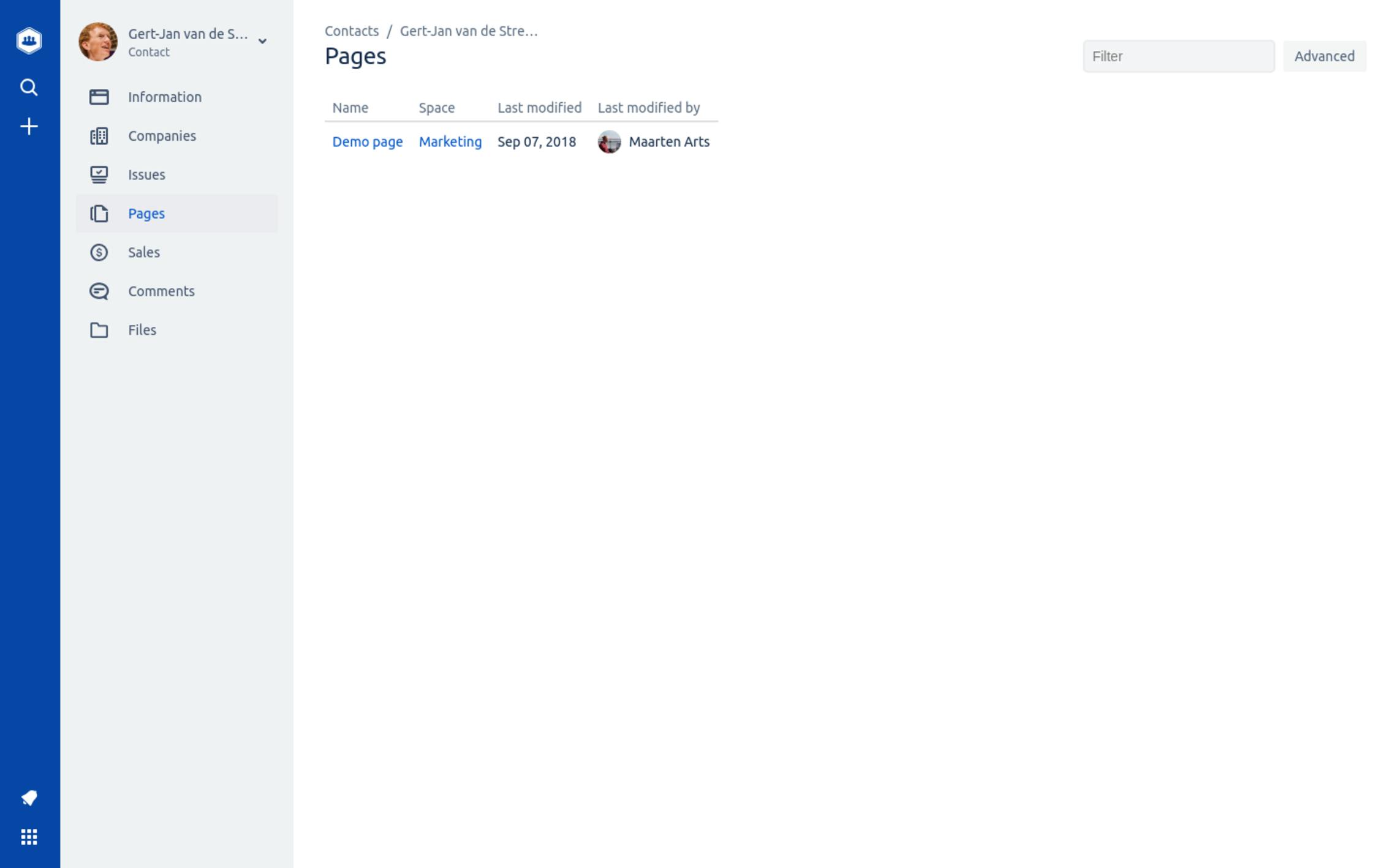 Pages overview for a customer in Atlas CRM