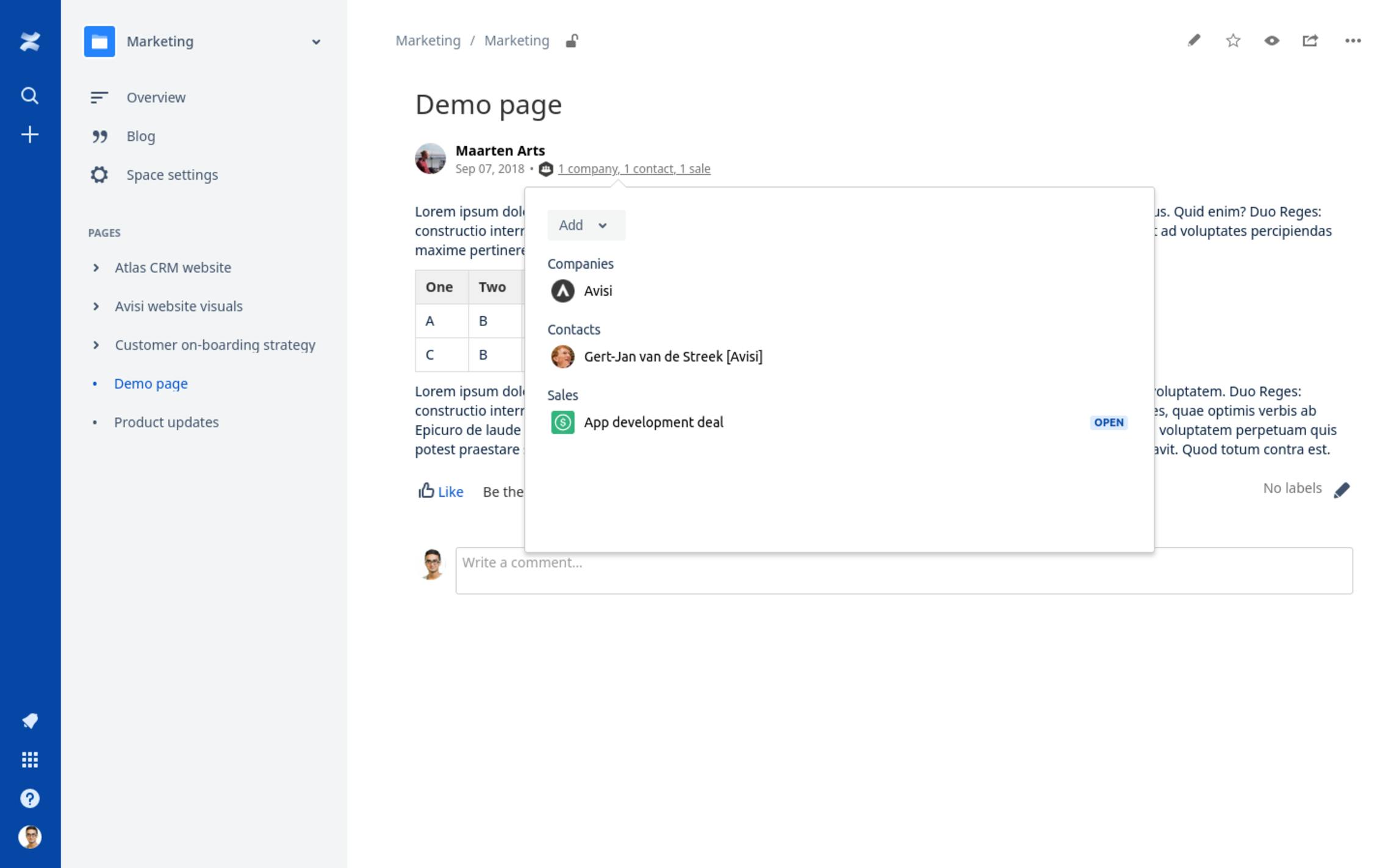 Linking Confluence pages with Atlas CRM