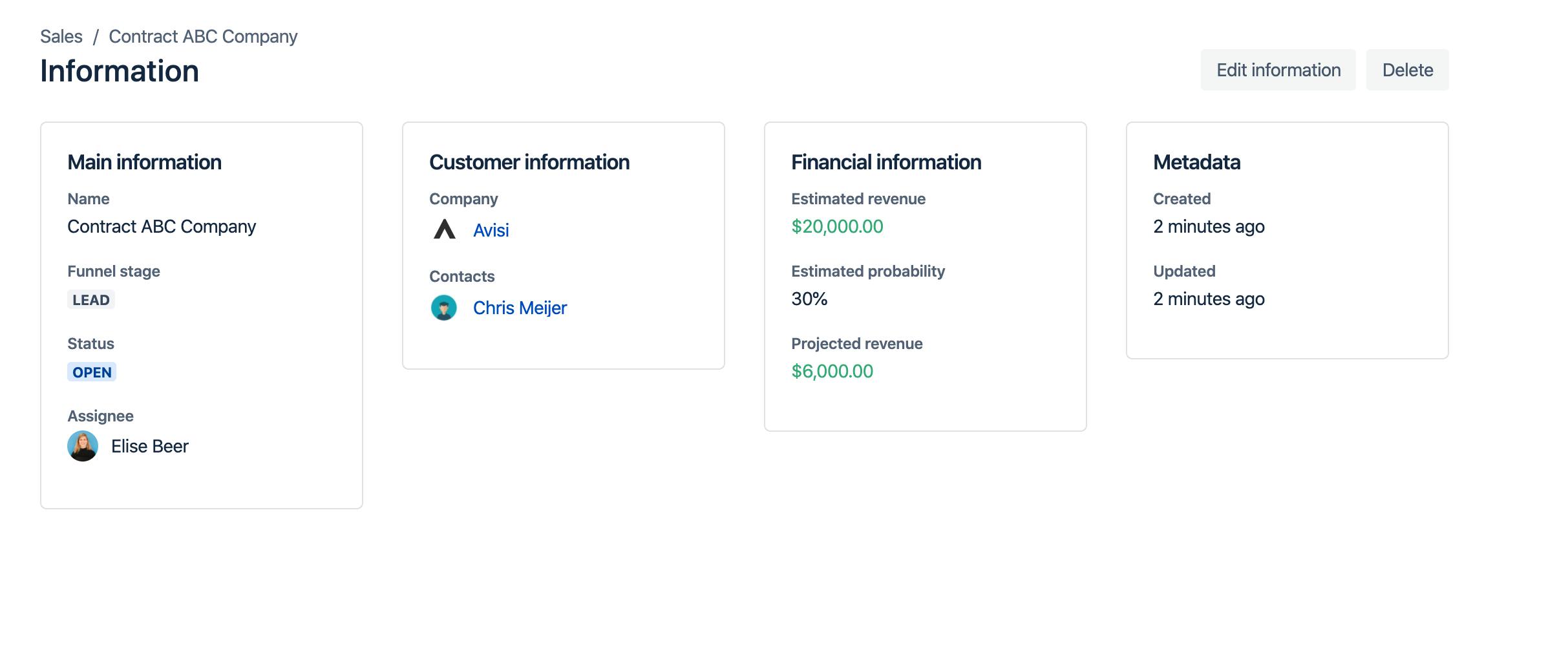 Example of a sale in Atlas CRM Information within a sale