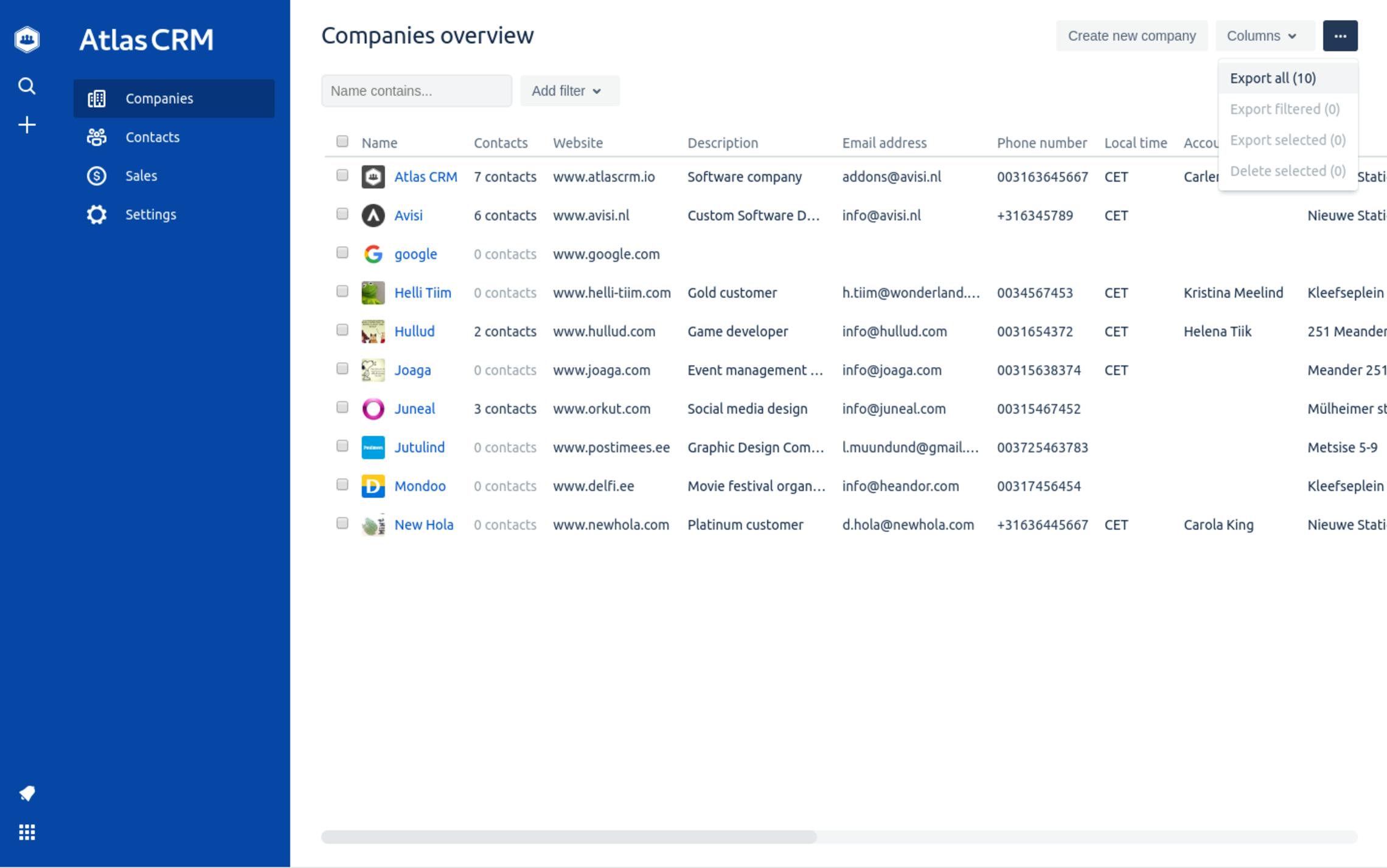 Export location in the companies overview in Atlas CRM