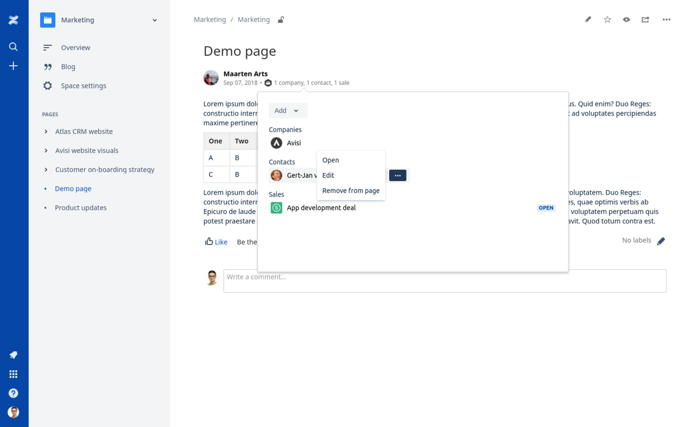 Actions to open, edit and delete a customer in a Confluence page