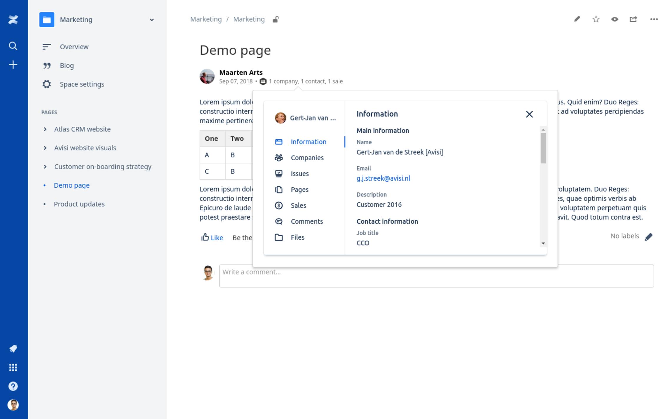 More information about a customer in a Confluence page