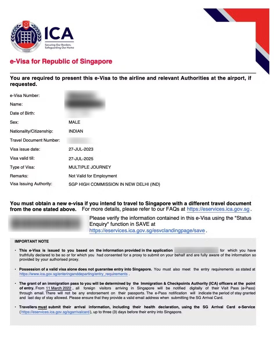 Singapore visa sample