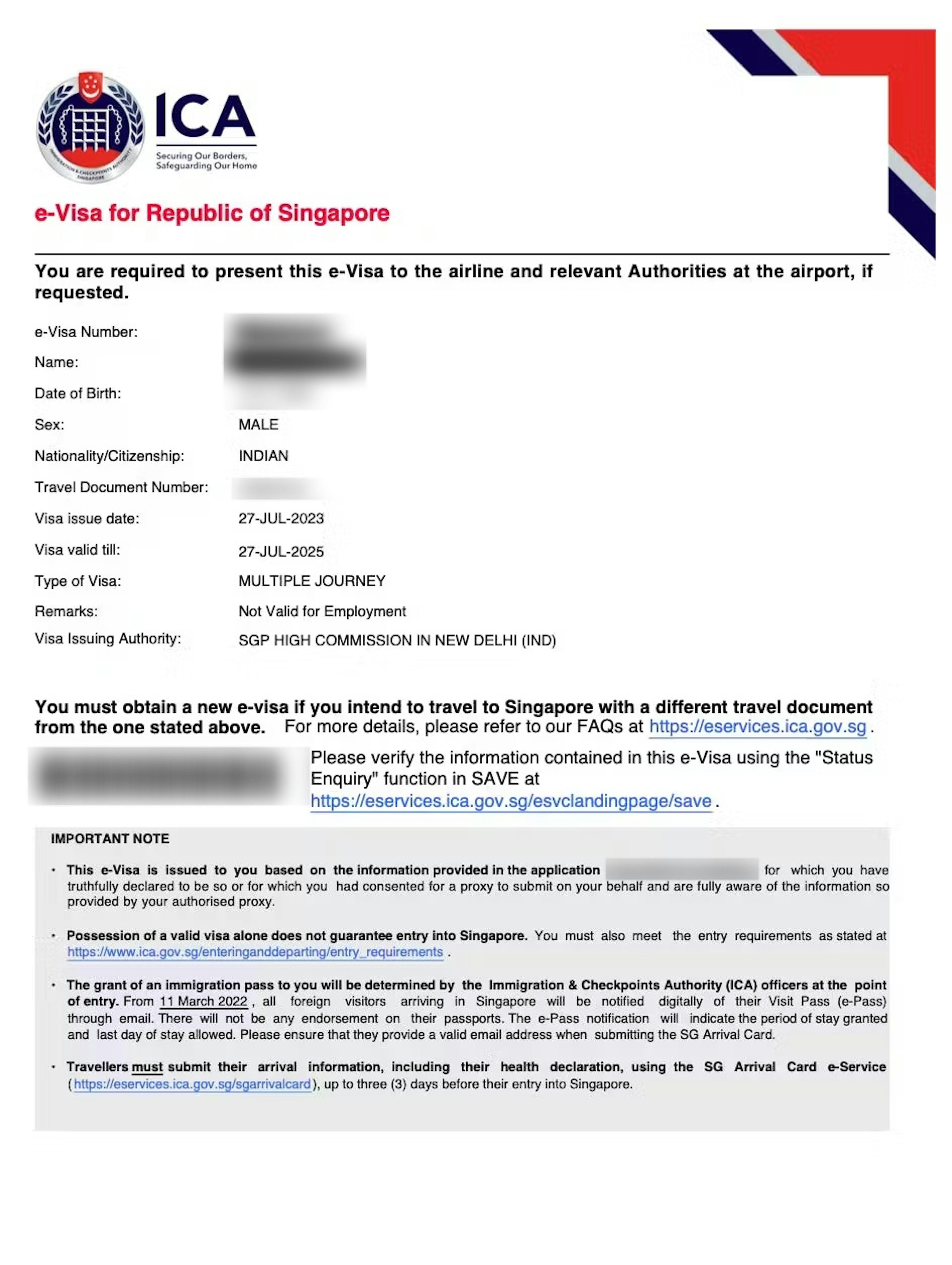 Singapore visa sample