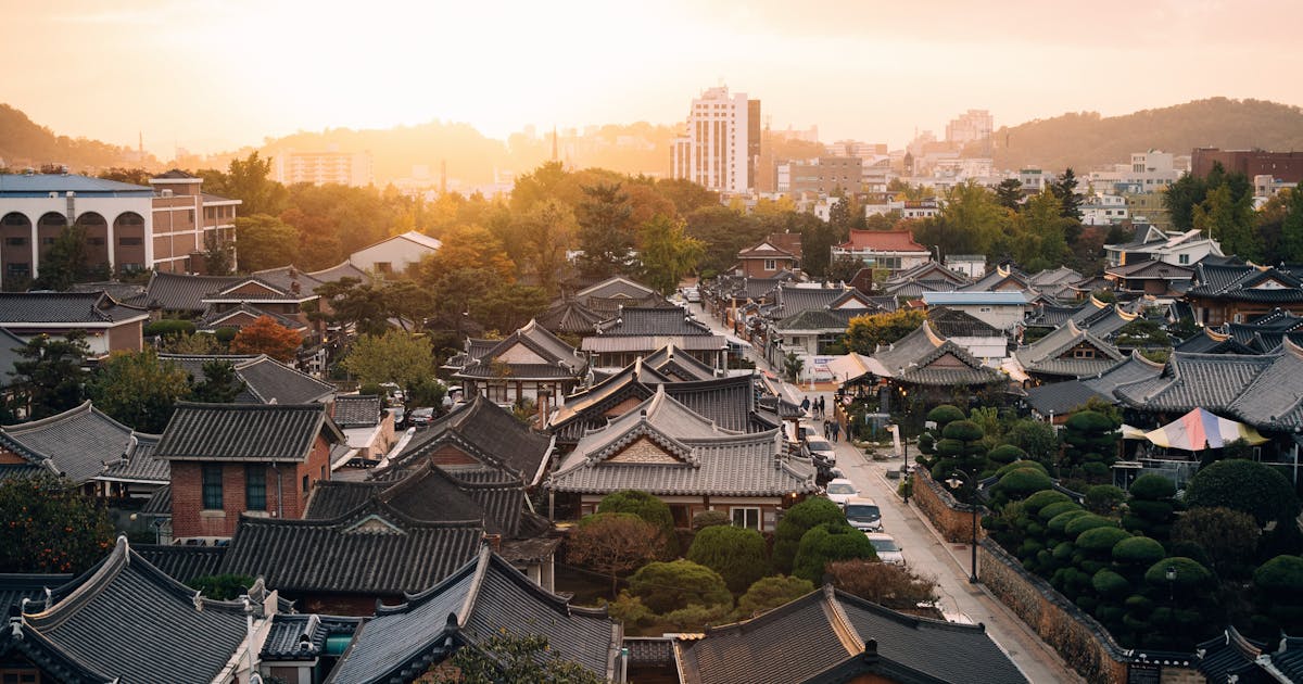 Beautiful sunset view of Hanok Village. This is the most traditional place in Korea.