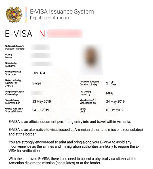 Armenia e-visa sample